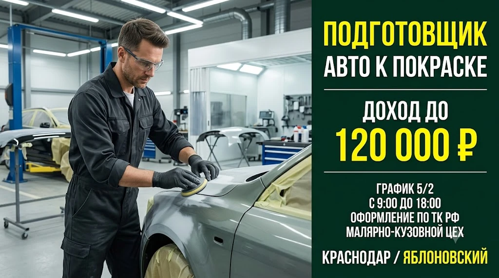 🚗 Подготовщик автомобилей к покраске — до 120 000 ₽

Доход: от 120 000 ₽, оклад + премия
График: 5/