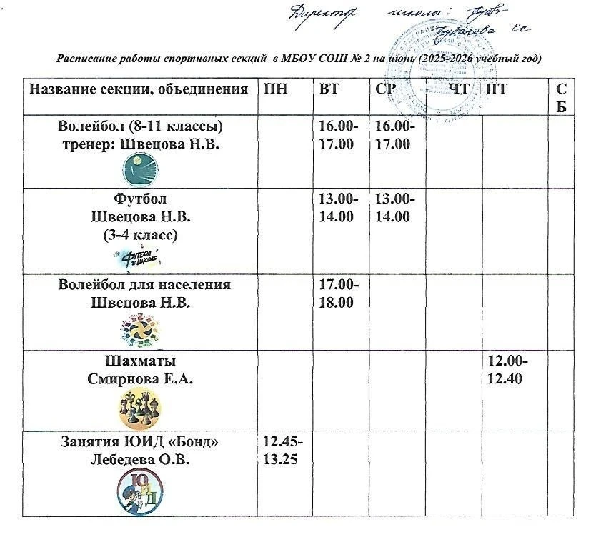Расписание секций
