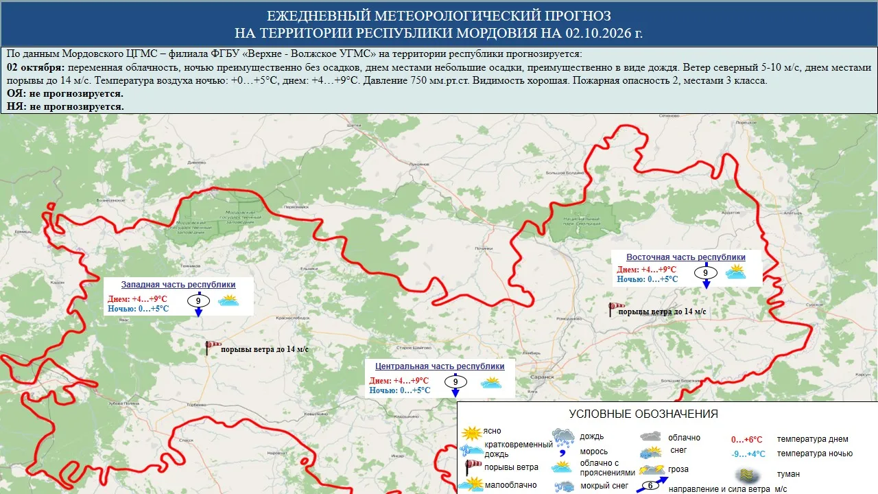 🌧 2 октября в Мордовии переменная облачность, ночью преимущественно без осадков, днем ...