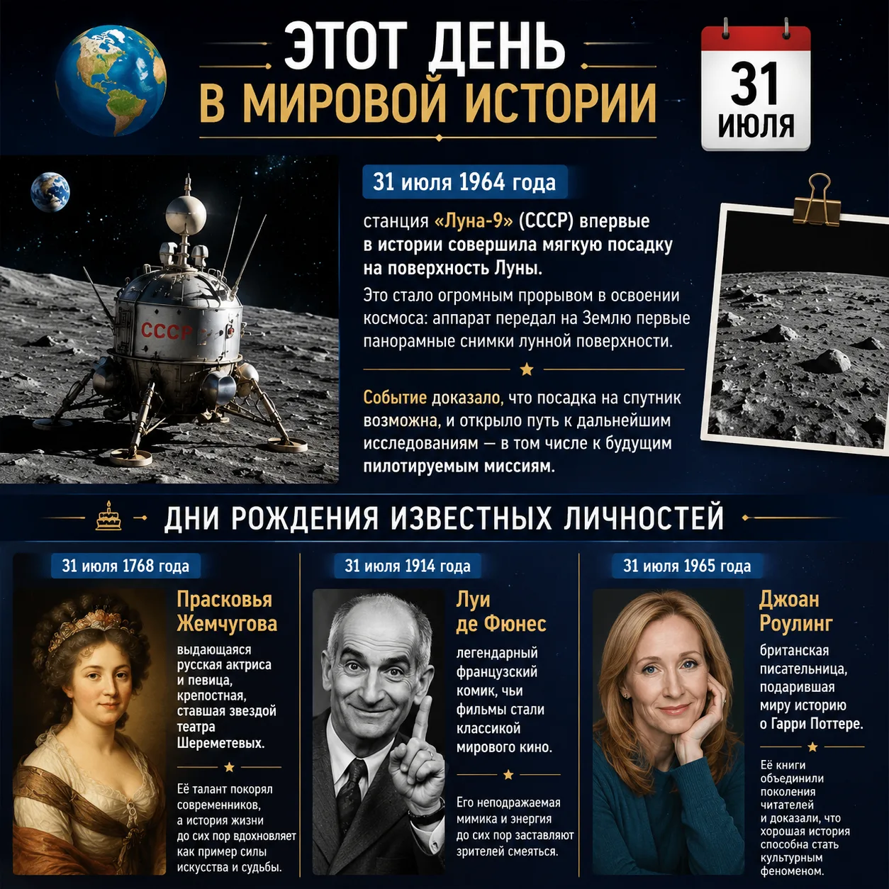 🌍 Этот день в мировой истории
31 июля 1964 года станция «Луна‑9» (СССР) впервые в истории совершила
