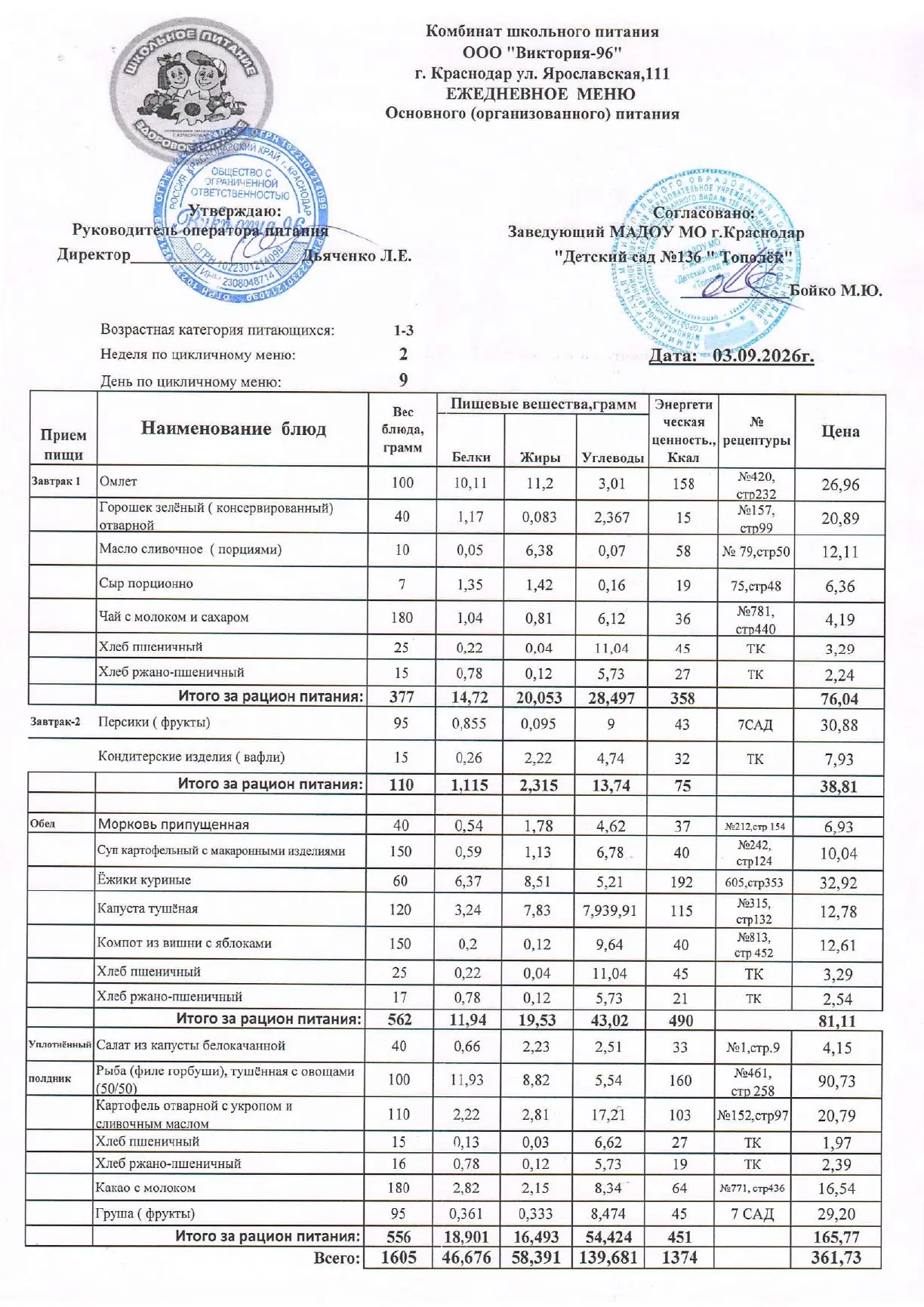 Меню на 03.09.2026 год