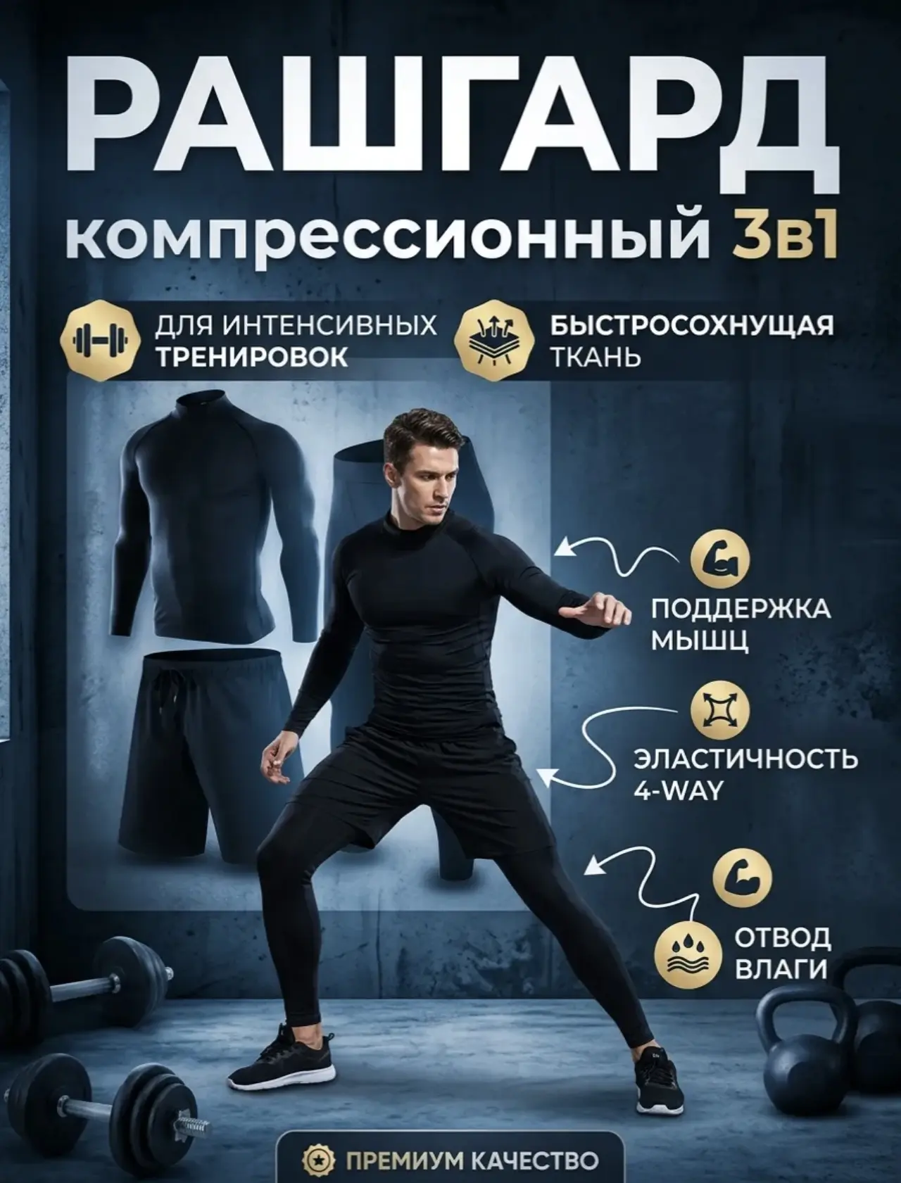 Черный рашгард 3в1 — это идеальный выбор для зала, бега и единоборств. Он защищает кожу, отводит вла