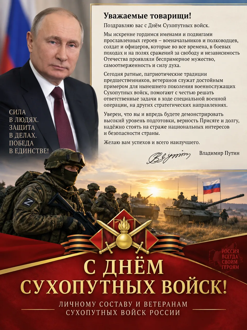 🇷🇺 С Днём Сухопутных войск! Президент поздравил личный состав и ветеранов