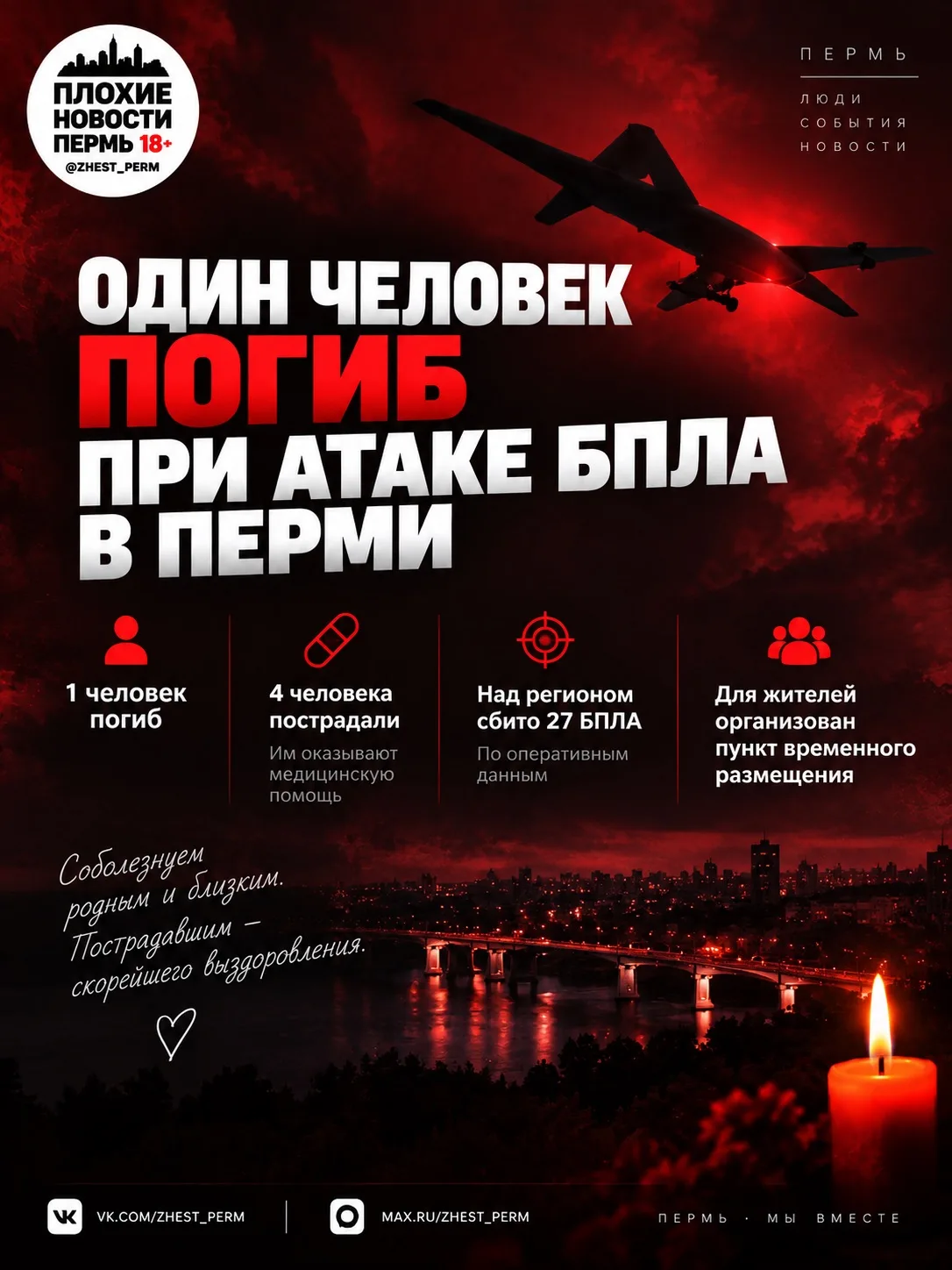 ❗️ Один человек погиб при атаке БПЛА в Перми, ещё четверо пострадали