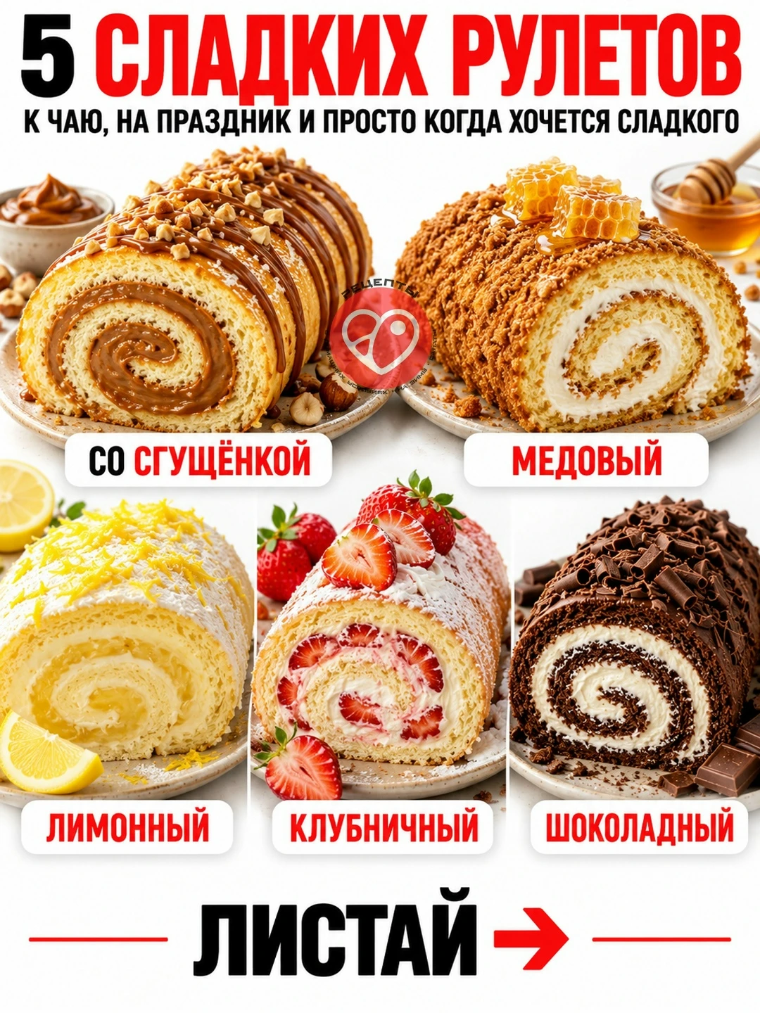 🍰 5 сладких рулетов к чаю — от классического со сгущёнкой до яркого клубничного