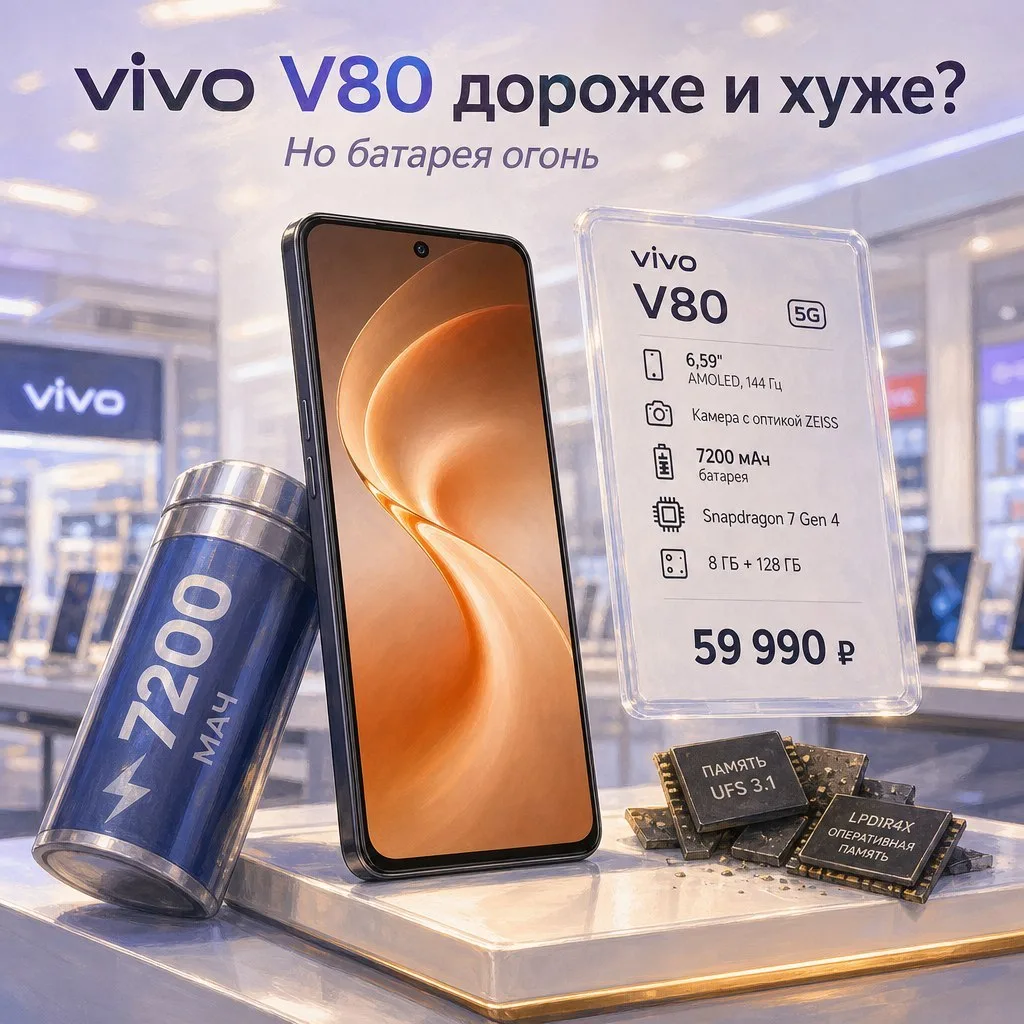 vivo V80 нарастила батарею до 7200 мАч и экран до 144 Гц, а память при этом откатила на...