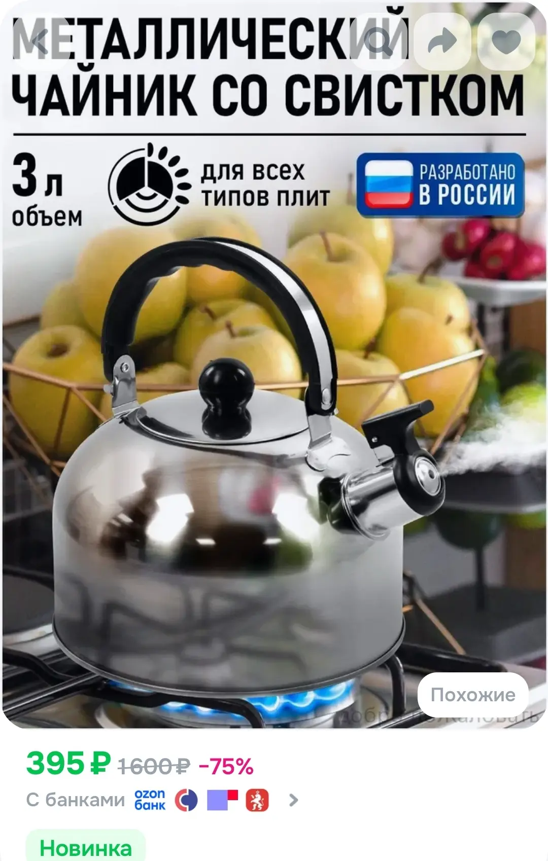 Чайник 3 л ненагревающиеся ручки нержавеющая сталь серебристый