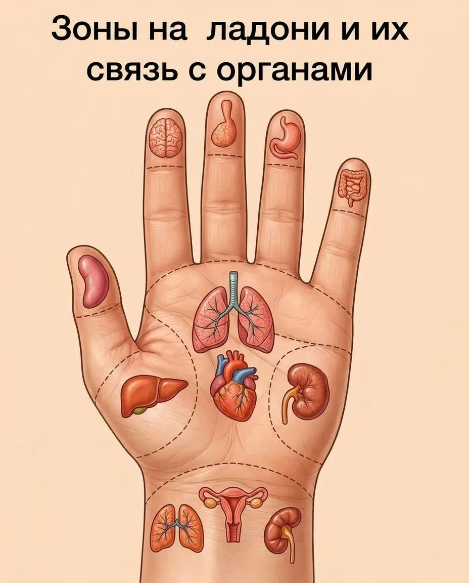 Точки на ладони и их связь с органами

Пальцы:
• Кончики пальцев: голова, мозг, пазухи
• Большой пал