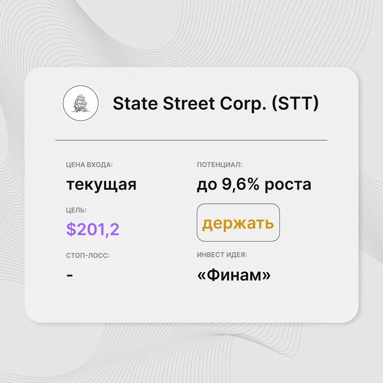 Инвест-идея по акциям State Street Corp. (STT)

Инвест-идея от: «Финам»
Цена входа: текущая
Стоп-лос