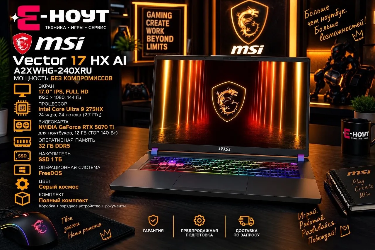 Продам MSI Vector 17 HX AI A2XWHG-240XRU, новый, Core Ultra 9, RTX 5070 Ti 12GB, 250 00...