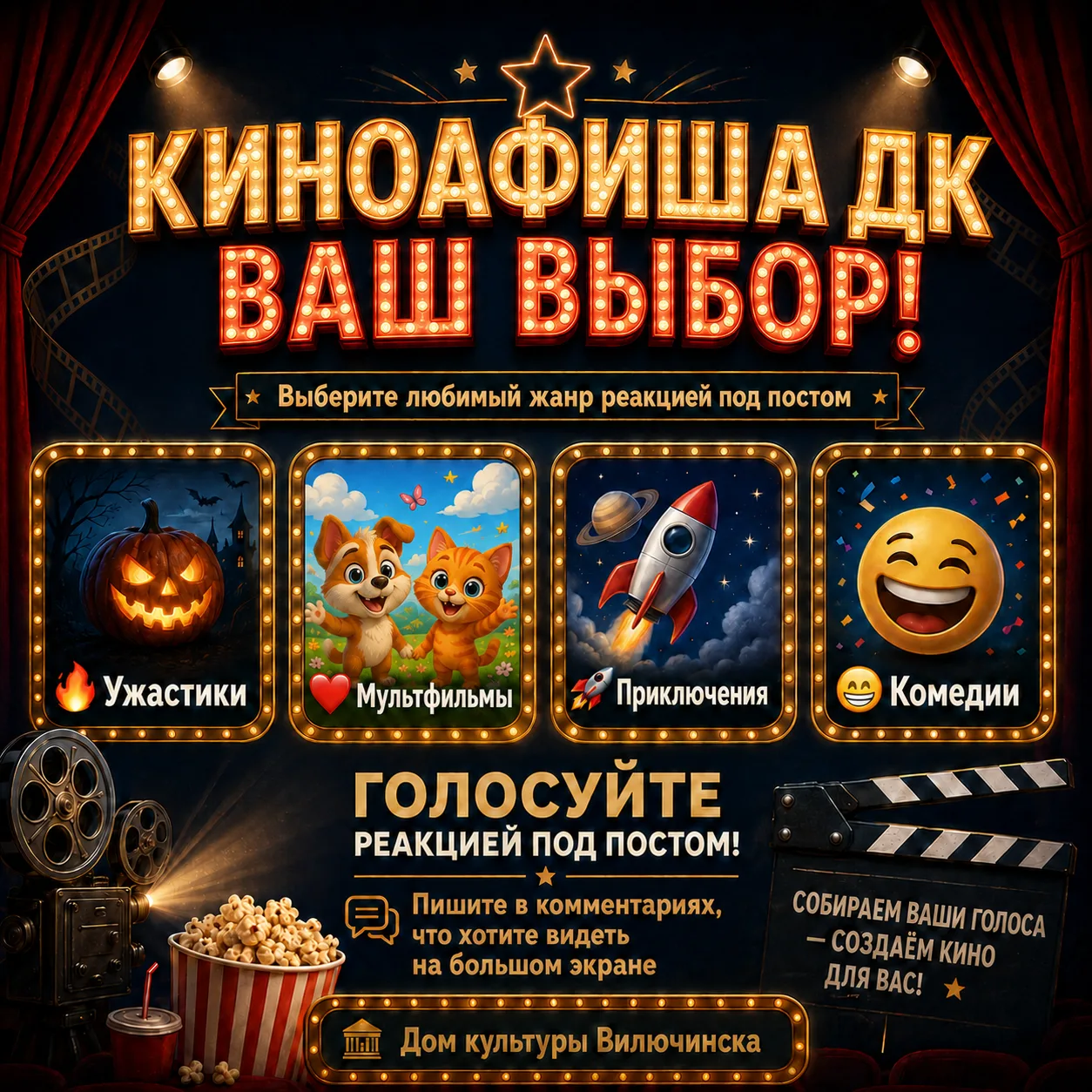 КИНОАФИША ДК: ВАШ ВЫБОР! 

Друзья, наш кинозал в Доме культуры — это не просто место, где показывают