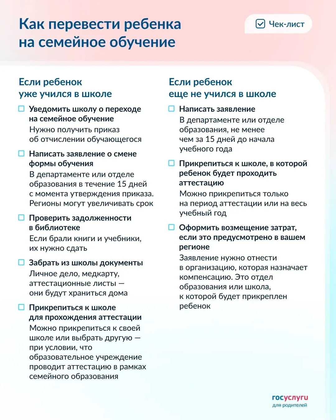 📚  Чек-лист для перевода школьника на семейное обучение