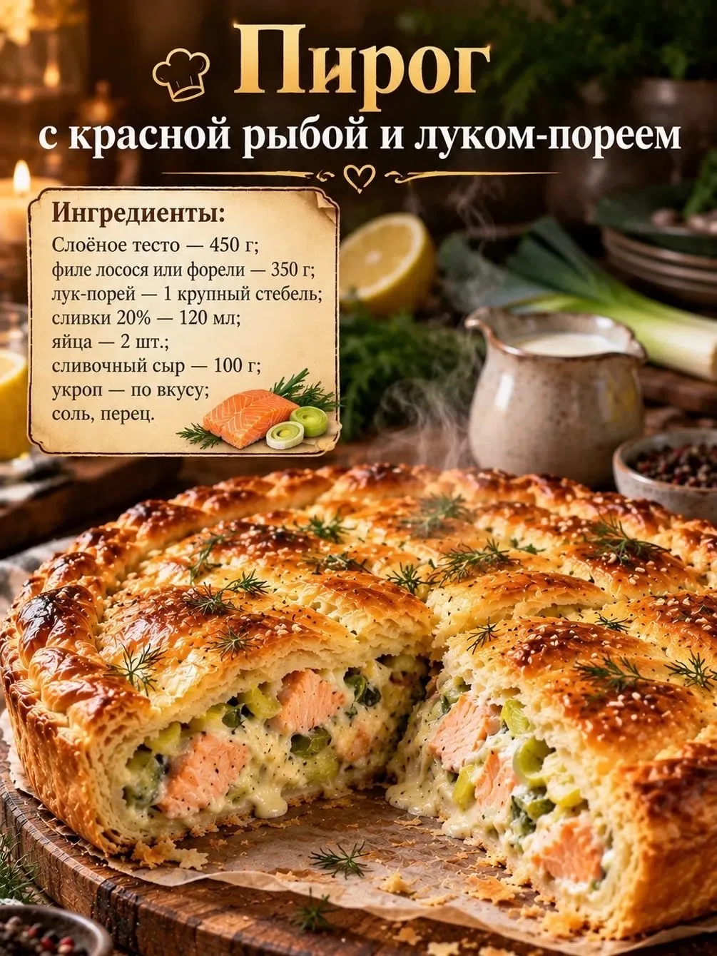 1. 🐟 Пирог с красной рыбой и луком-пореем