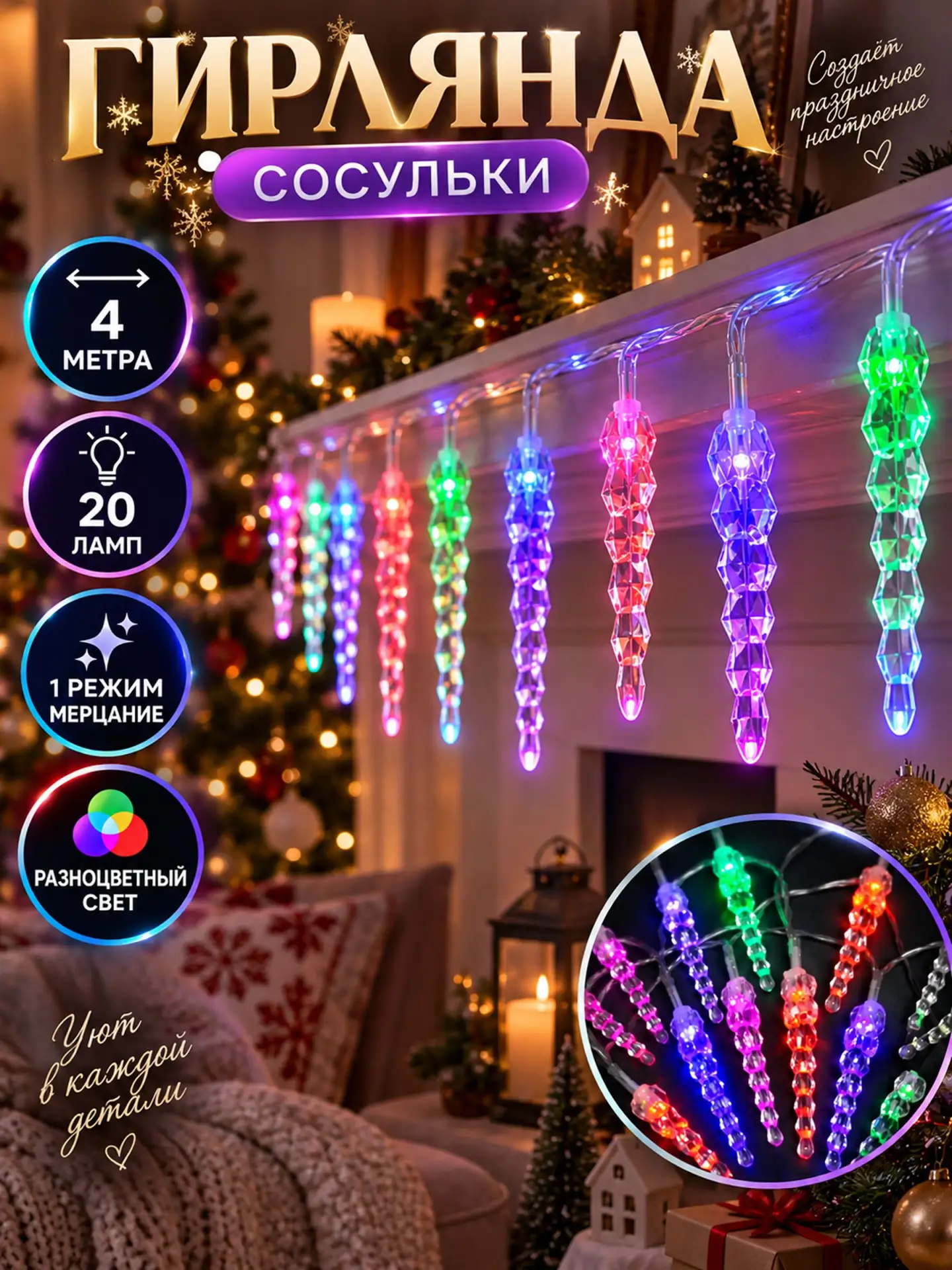 🟠 Гирлянда светодиодная "Тающие сосульки" 4 м 20 ламп, 1 режим - мерцание, разноцветны...