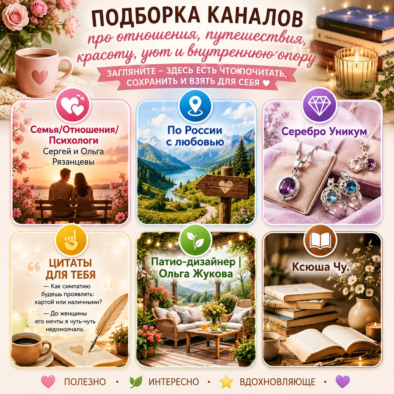 ✨ Каналы про отношения, путешествия, красоту, уют и внутреннюю опору.