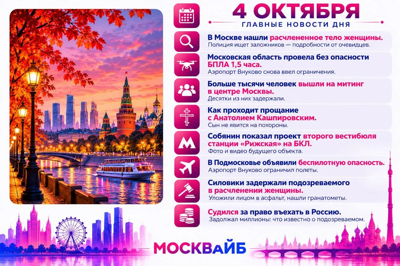 4 октября в Москве главными темами дня стали беспилотная опасность, расследование жесто...