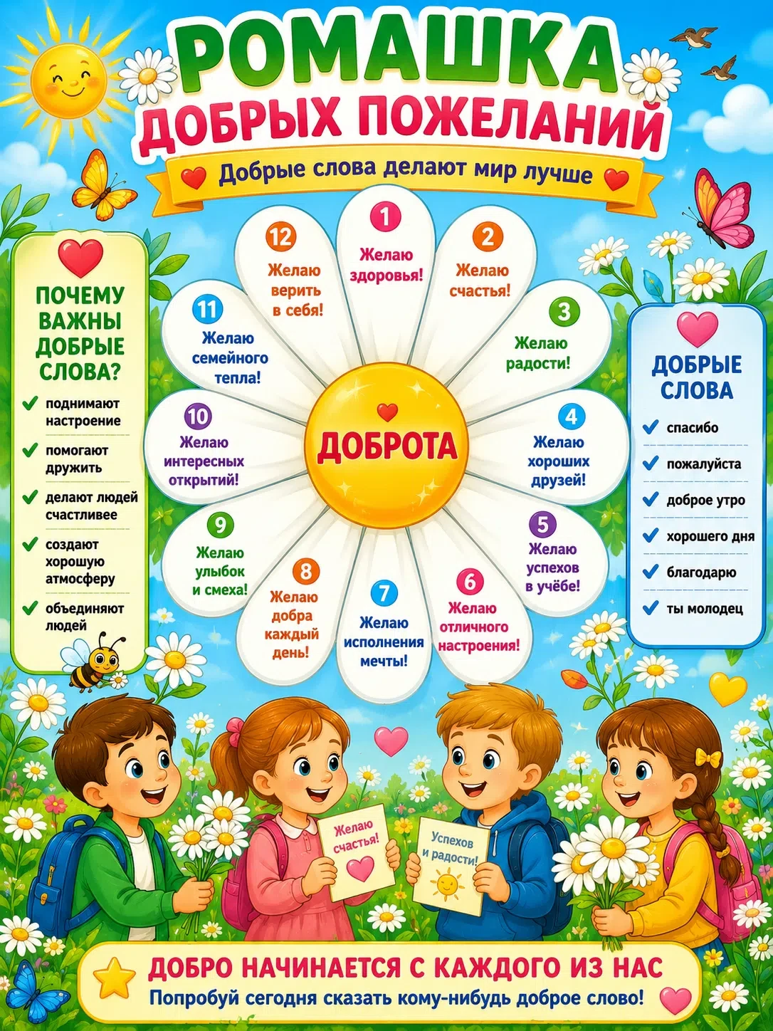 🌼 Ромашка добрых пожеланий 

Добрые слова обладают удивительной силой. Они помогают поддержать, пор