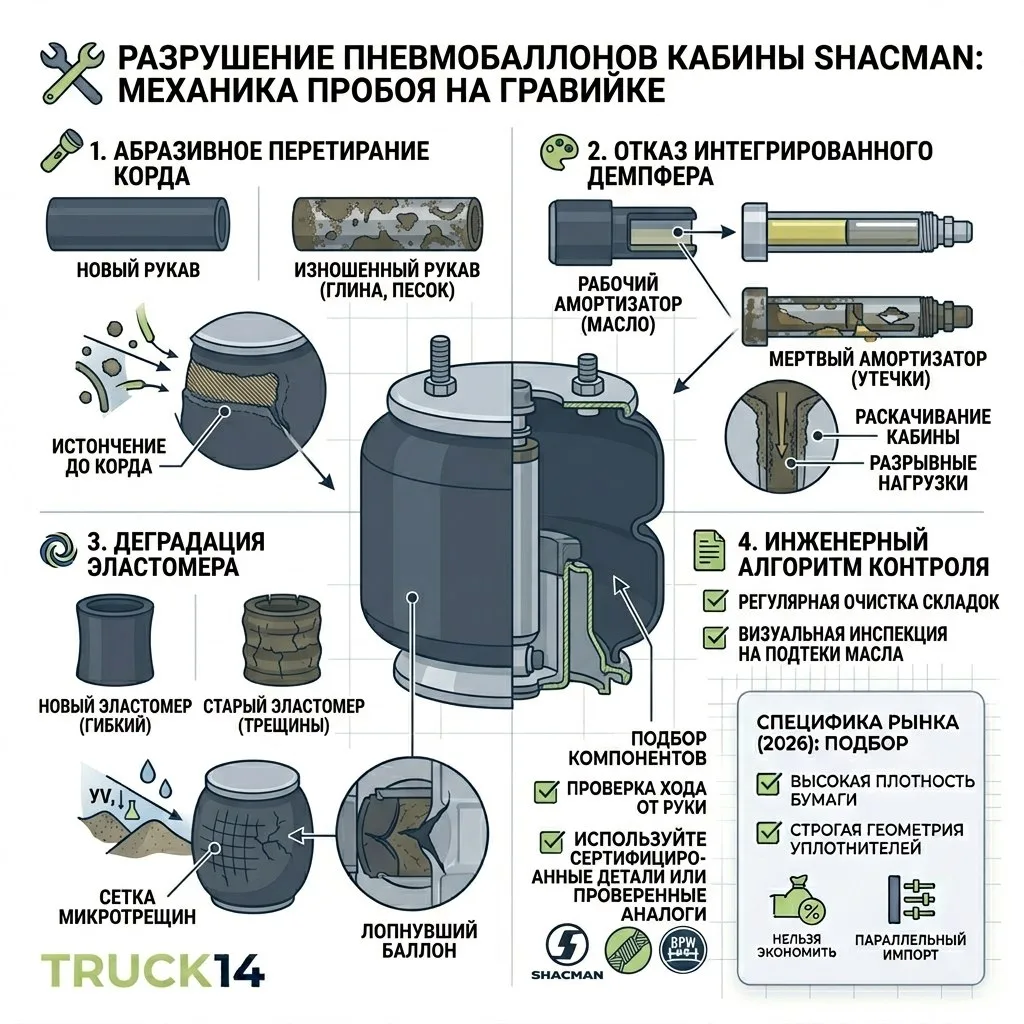 Разрушение пневмобаллонов кабины Shacman: механика пробоя на гравийке 🚛💥

Подвеска кабины тягачей 