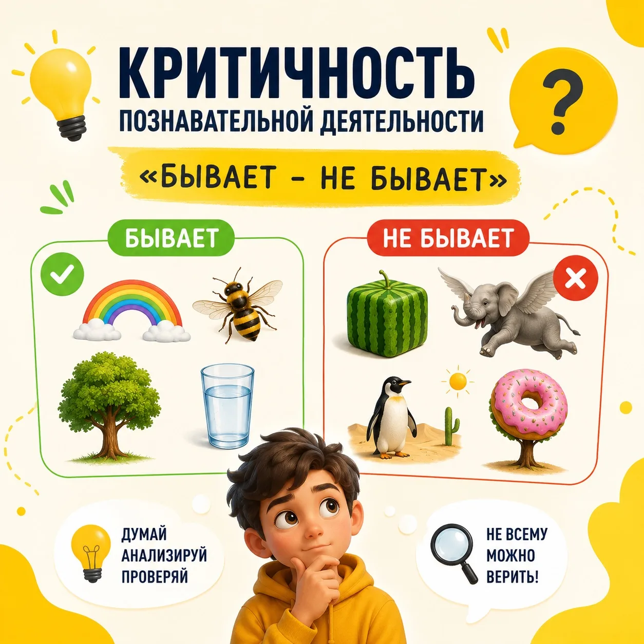 🟡Критичность познавательной деятельности.

➡️«Бывает - не бывает»

Ведущий называет ĸаĸую-нибудь си
