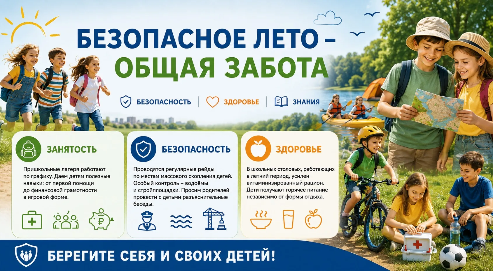 Безопасное лето - общая забота. 

Дети активно гуляют, путешествуют, отдыхают. Но для нас, взрослых,