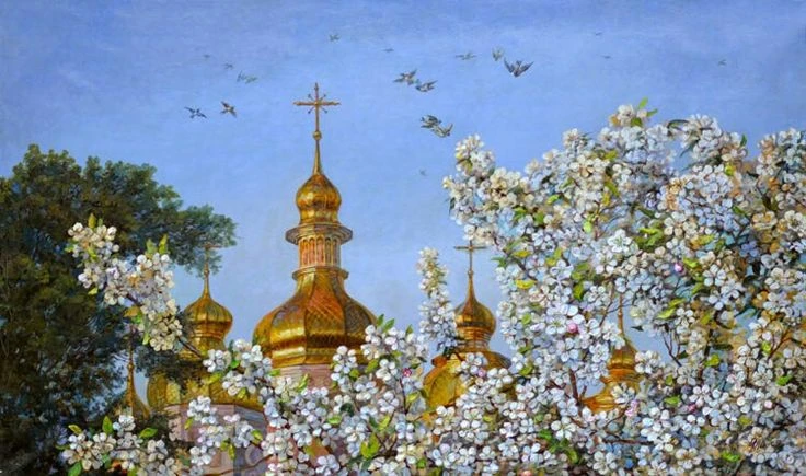 Купол церкви, крест и небо

Купол церкви, крест и небо,
И вокруг печаль полей, —
Что́ спокойней и св