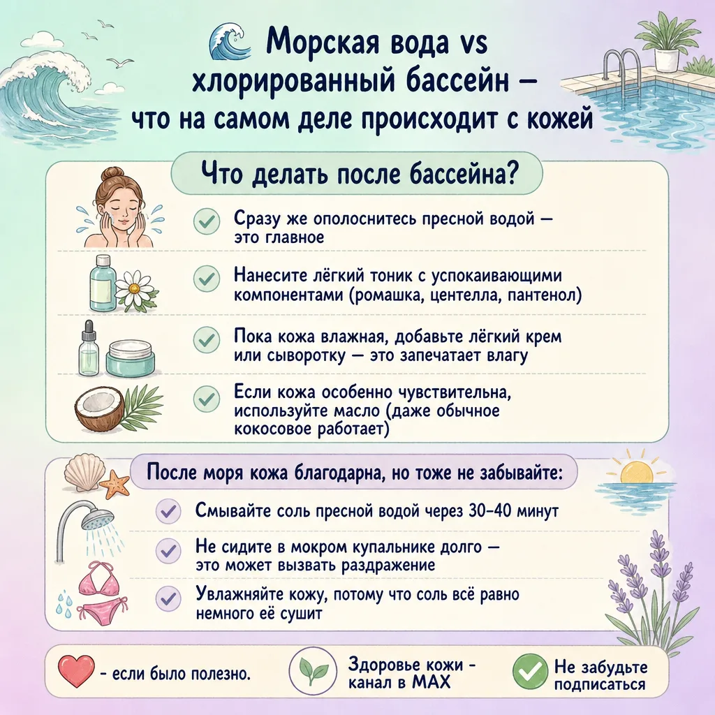 🌊 Морская вода vs хлорированный бассейн — что на самом деле происходит с кожей

Лето в разгаре, и м