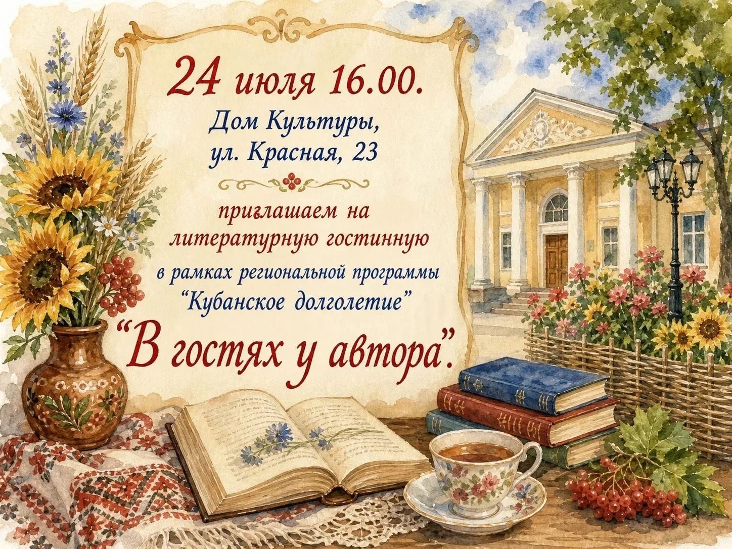 Приглашаем всех на литературную гостинную "В гостях у автора"!
24 июля 16.00
ст. Динская, Дом Культу
