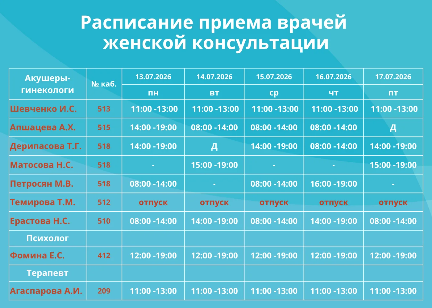 🗓РАСПИСАНИЕ ЖЕНСКОЙ КОНСУЛЬТАЦИИ

Часы приема врачей женской консультации с 13 по 17 июля.

⚠️ ВНИМ