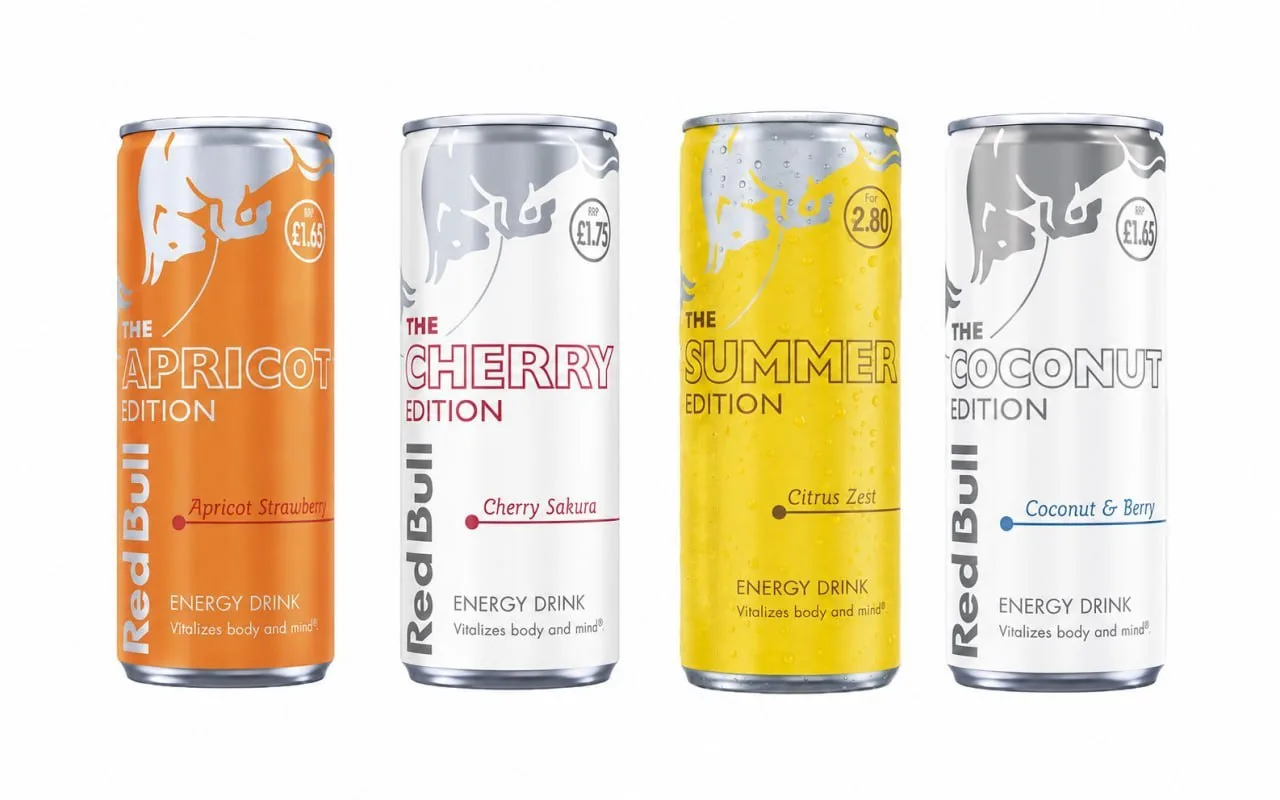 🥤Red Bull выпустил четыре новых вкуса – абрикос-клубника, вишня-сакура, лайм судачи и кокос с ягода