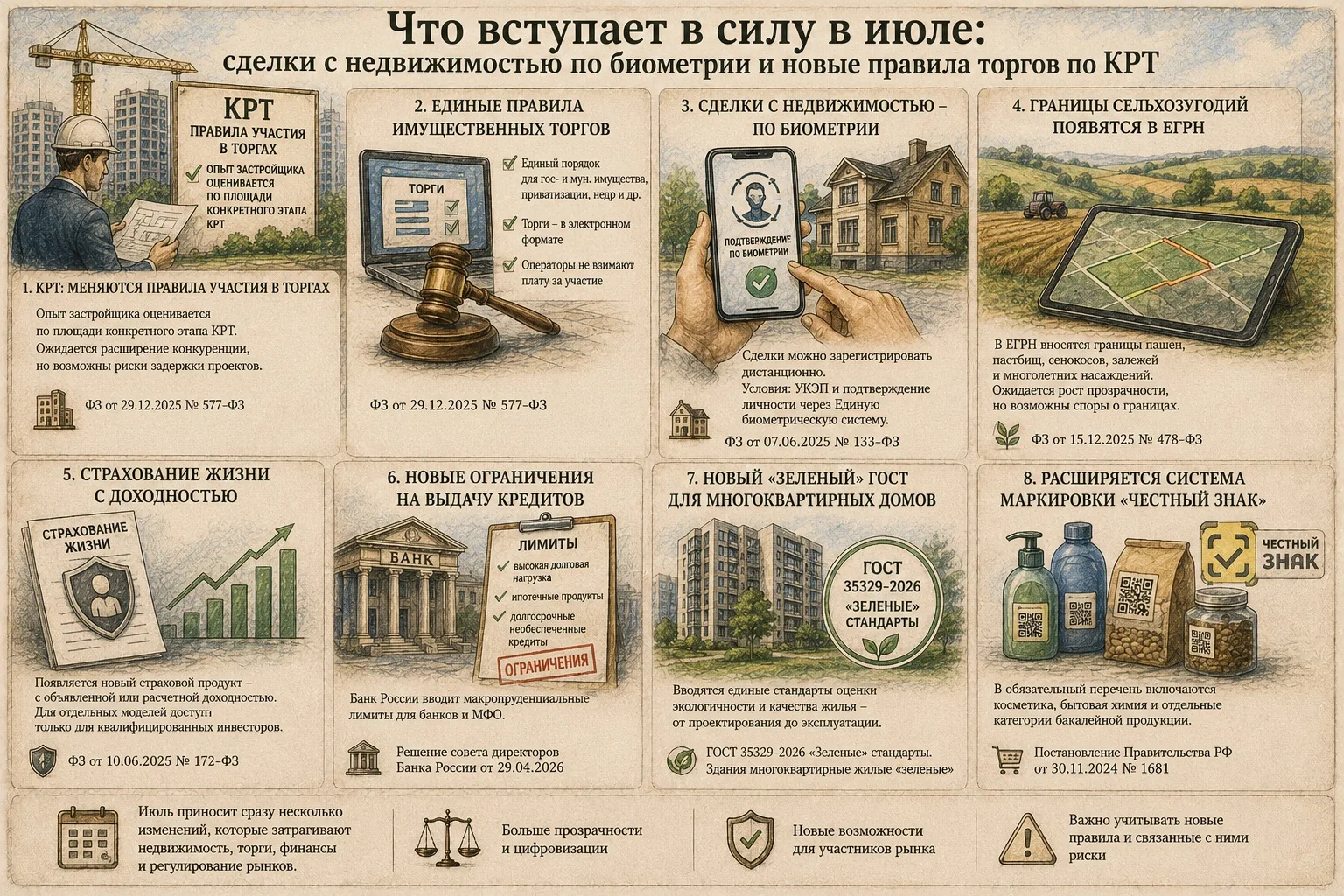 Что вступает в силу в июле: сделки с недвижимостью по биометрии и новые правила торгов по КРТ
#civpr