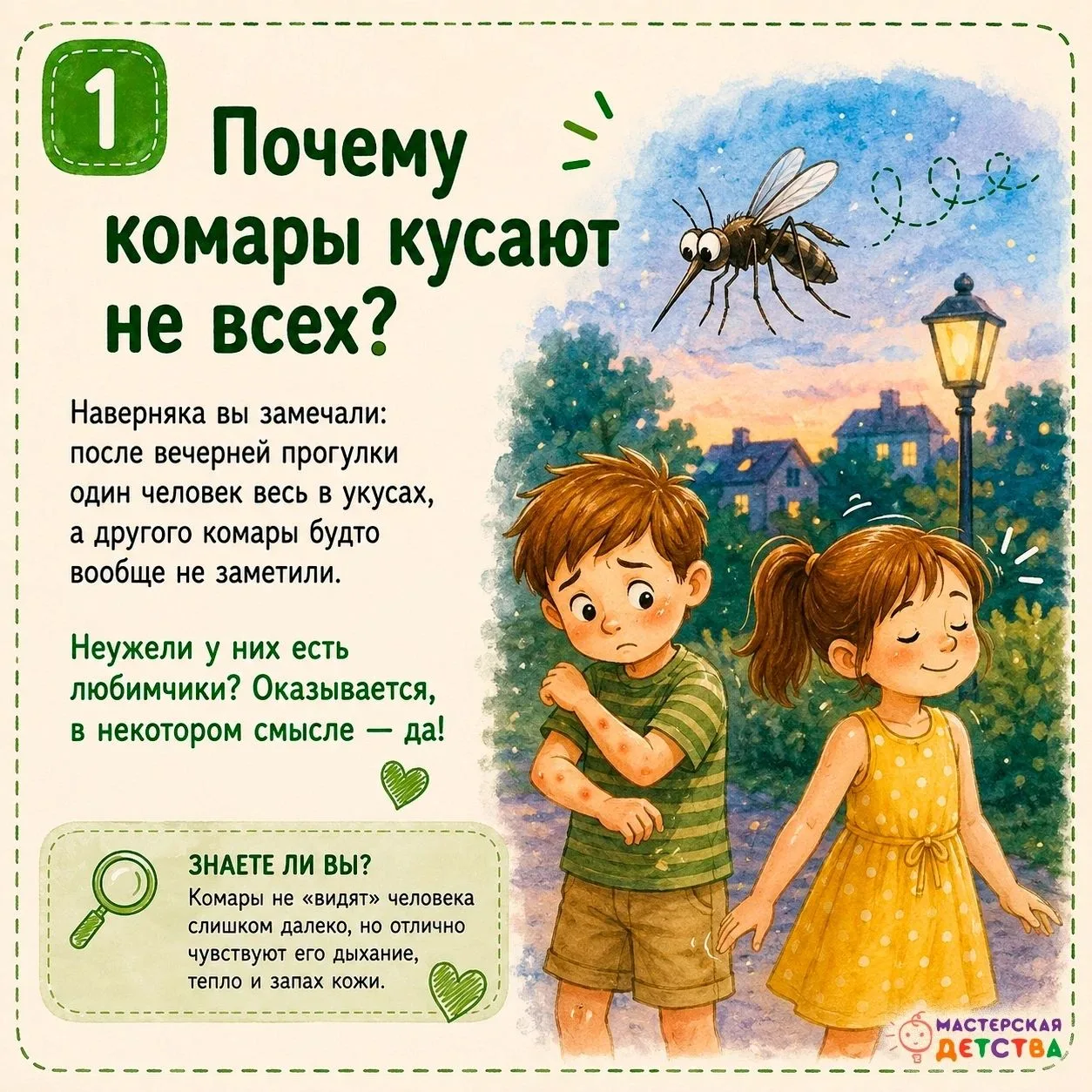 🦟 Почему одного ребёнка комары кусают постоянно, а другого будто не замечают?