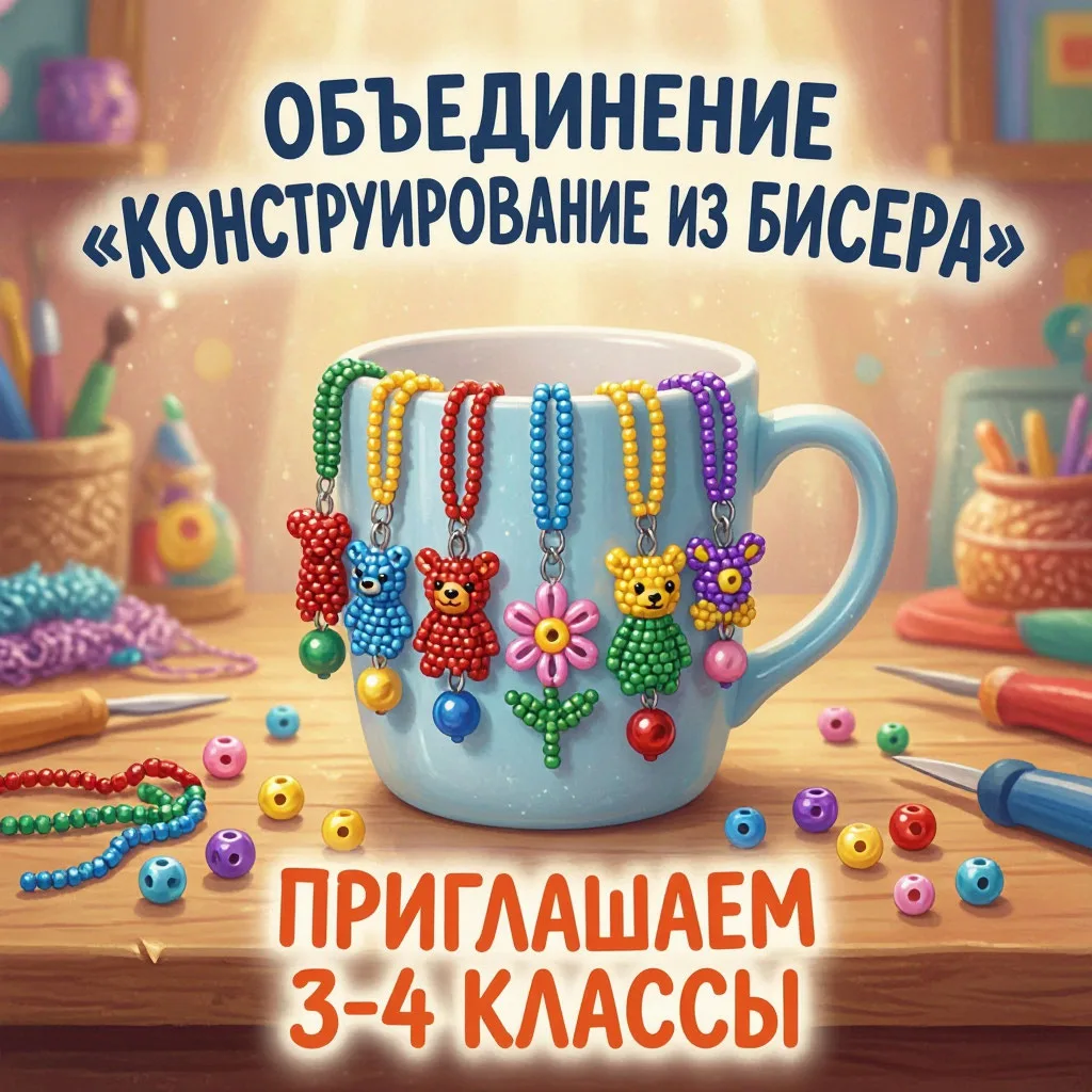В объединение "Конструирование из бисера" приглашаются учащиеся 3 - 4 классов. Главное ...