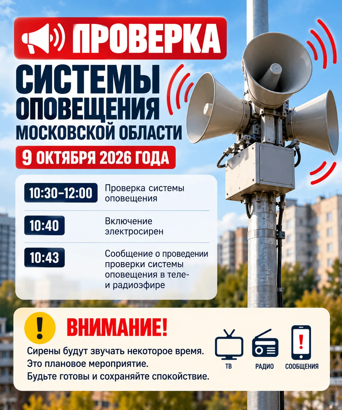 🚨 9 октября в Подмосковье включат сирены