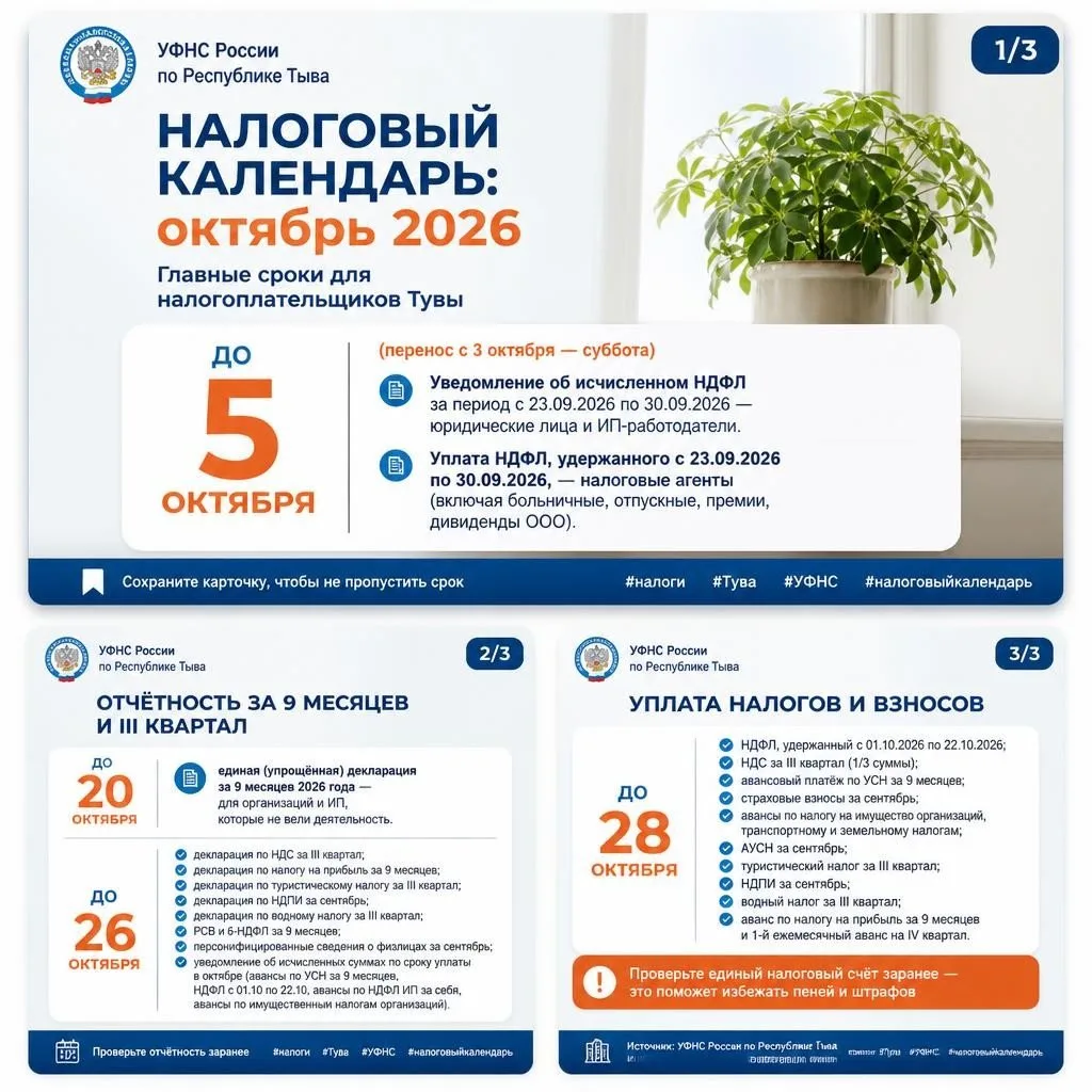 Уважаемые налогоплательщики Республики Тыва! Публикуем ключевые даты октября, которые в...