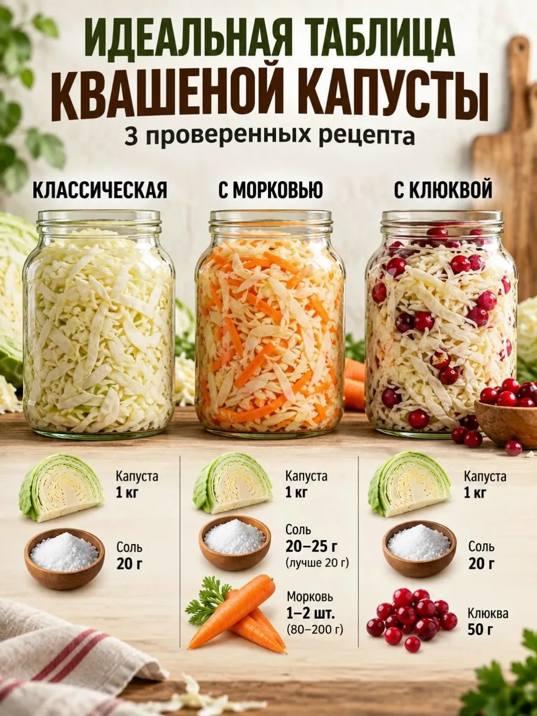 🥬 Три простых варианта квашеной капусты на любой вкус: классическая, с морковью или яр...