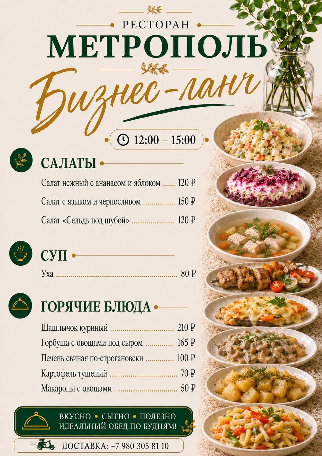 🍽 Бизнес-ланч в ресторане «Метрополь»

С 12:00 до 15:00 приглашаем на вкусный и сытный бизнес-ланч.
