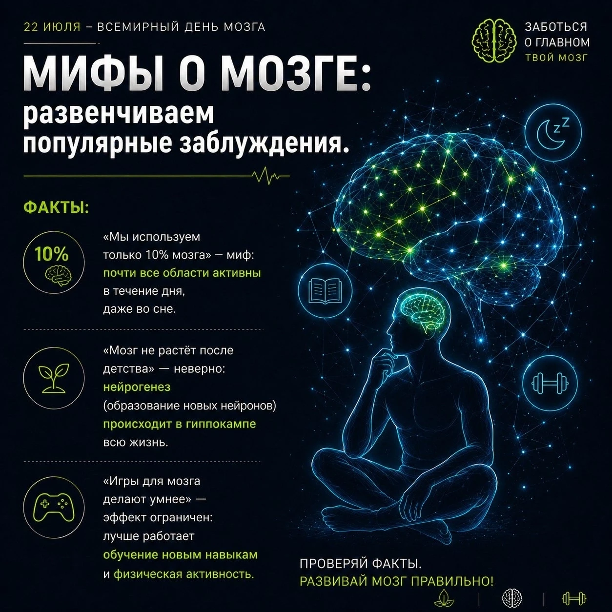 22 июля — Всемирный день мозга 🧠
Этот праздник был учрежден в 2014 году Всемирной федерацией неврол