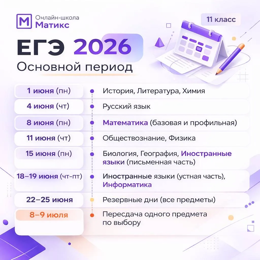Публикуем расписание ЕГЭ-2026 для 11 класса, чтобы спланировать подготовку и ничего не пропустить.  