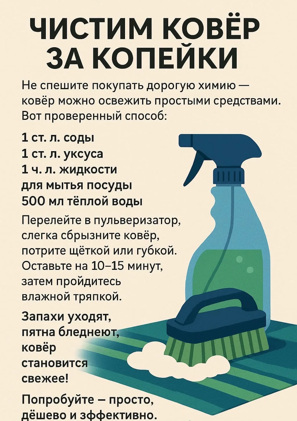 Чистим ковер за копейки: Домашнее средство лучше дорогой химии ✨🪄