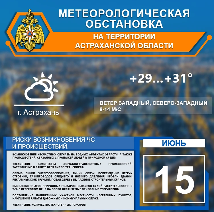 🌎 Метеорологическая обстановка на 15 июня

На территории Астраханской области переменная облачность