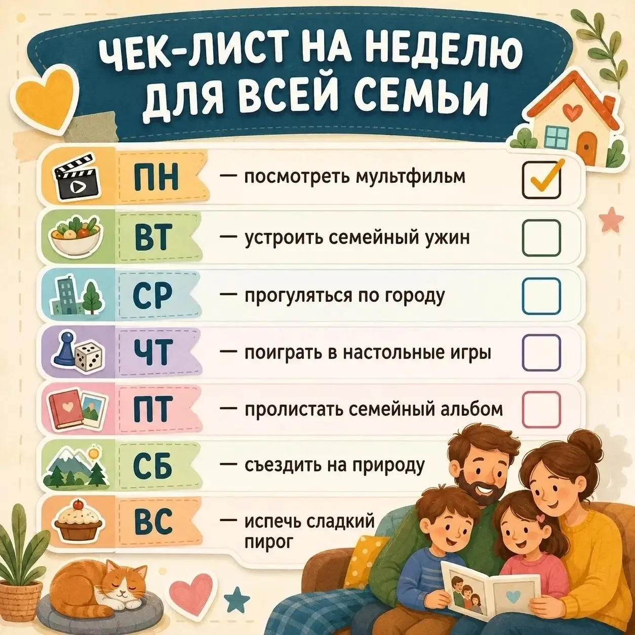 📝Чек - лист семейных дел!
➡️Предлагаем приступить к нему не с "традиционного понедельника", а с суб