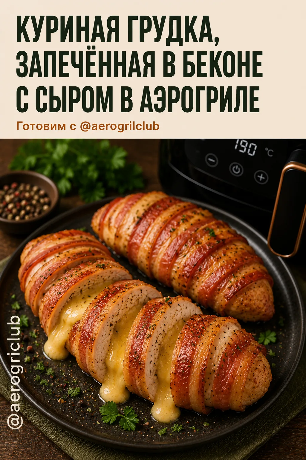 🥓 Куриная грудка, запечённая в беконе с сыром в аэрогриле

Сочная куриная грудка с тягучим сыром вн
