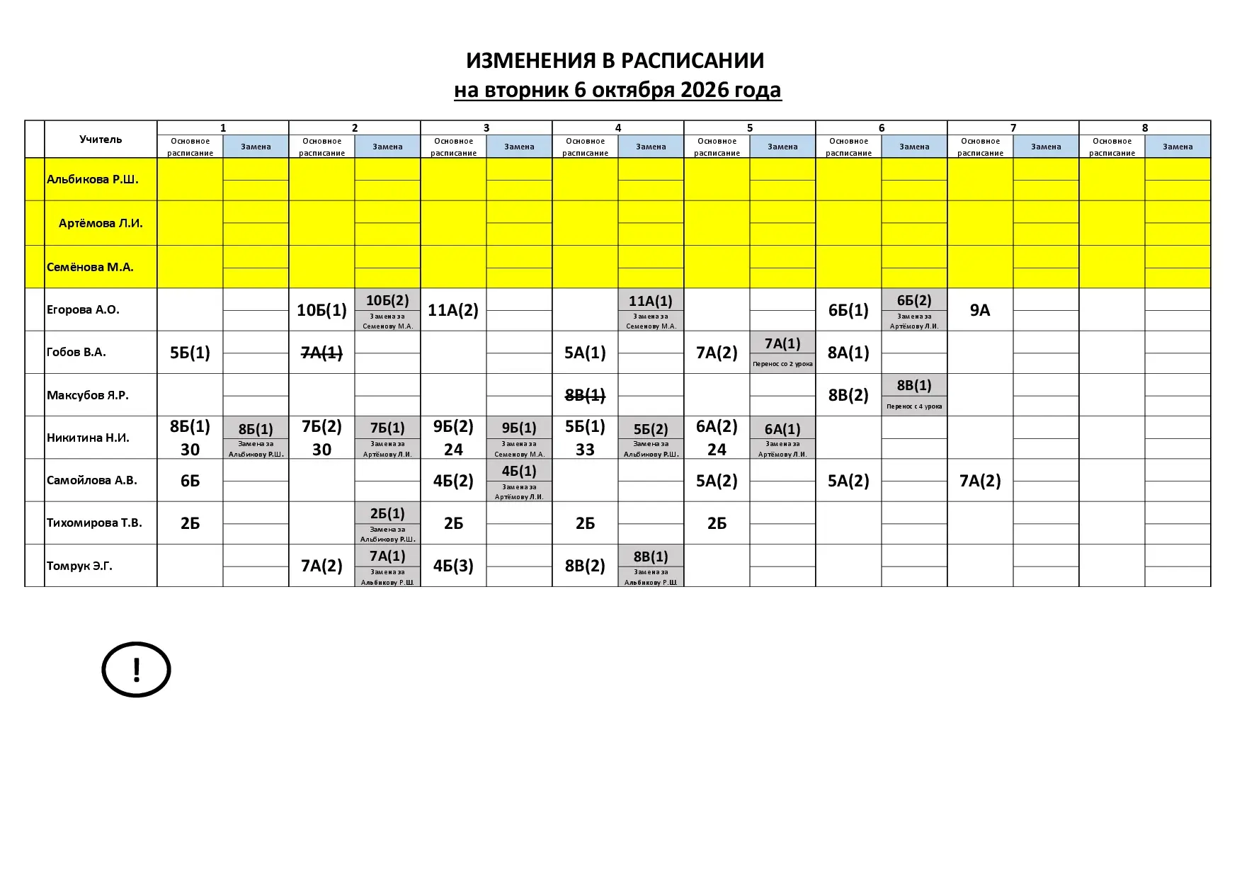 Изменения в расписании на 6 октября