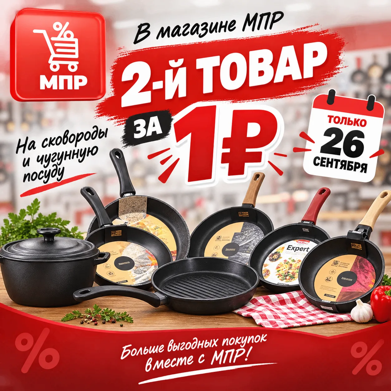 🍳 Только 26 сентября — 2-й товар за 1 рубль на сковороды и чугунную посуду!