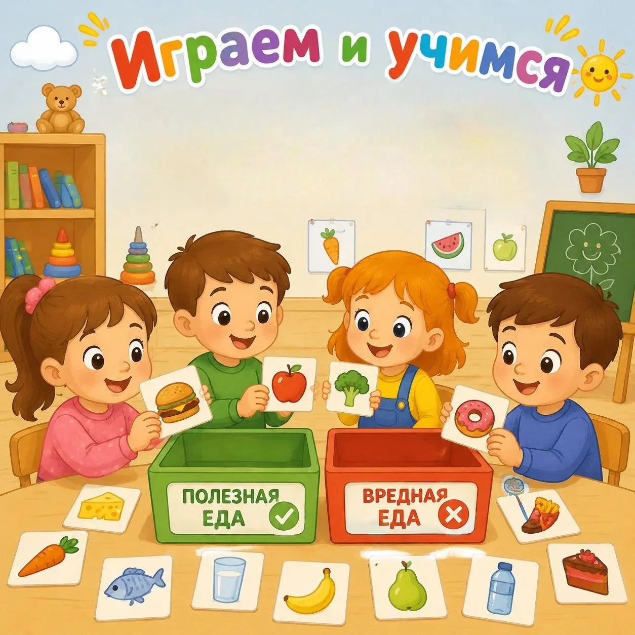 В средней группе «Акварельки» была проведена дидактическая игра «Здоровая и вредная пища для зубов» 