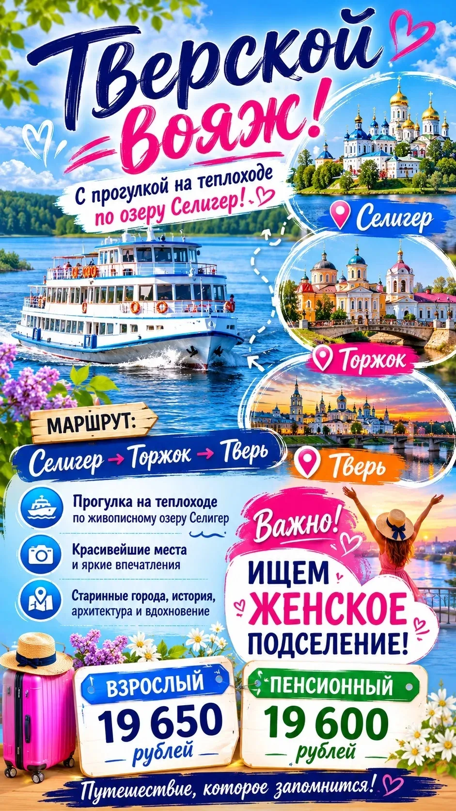 Ищем женское подселение на тур "Тверской вояж. Селигер - Торжок - Тверь"