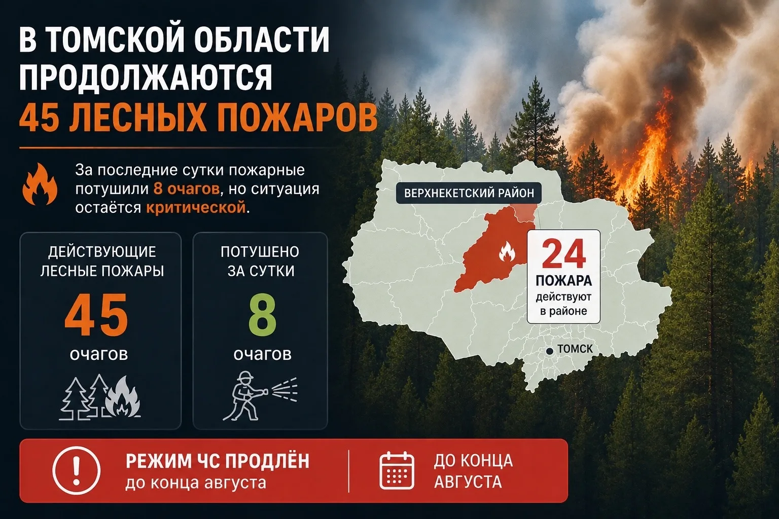 В Томской области продолжают действовать 45 лесных пожаров