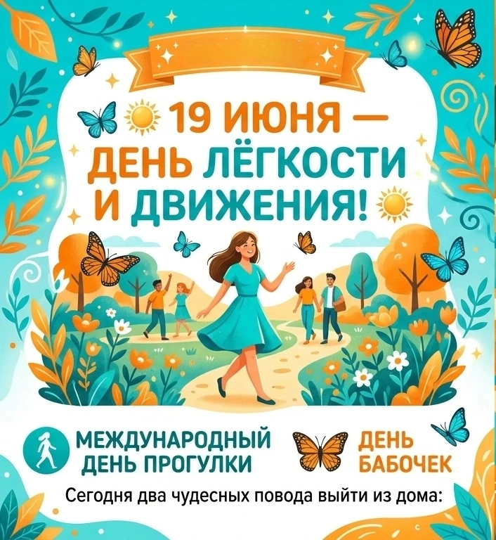 🦋☀️ 19 июня — день лёгкости и движения!

Сегодня два чудесных повода выйти из дома:  

🔸️Междунаро