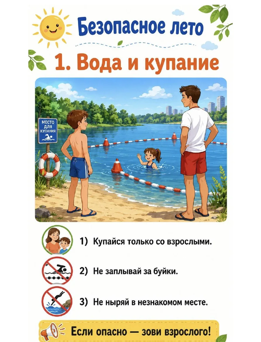 Безопасное лето на воде! 🌊☀️🏖️

Вода — это радость и прохлада, но она требует осторожности. Напоми