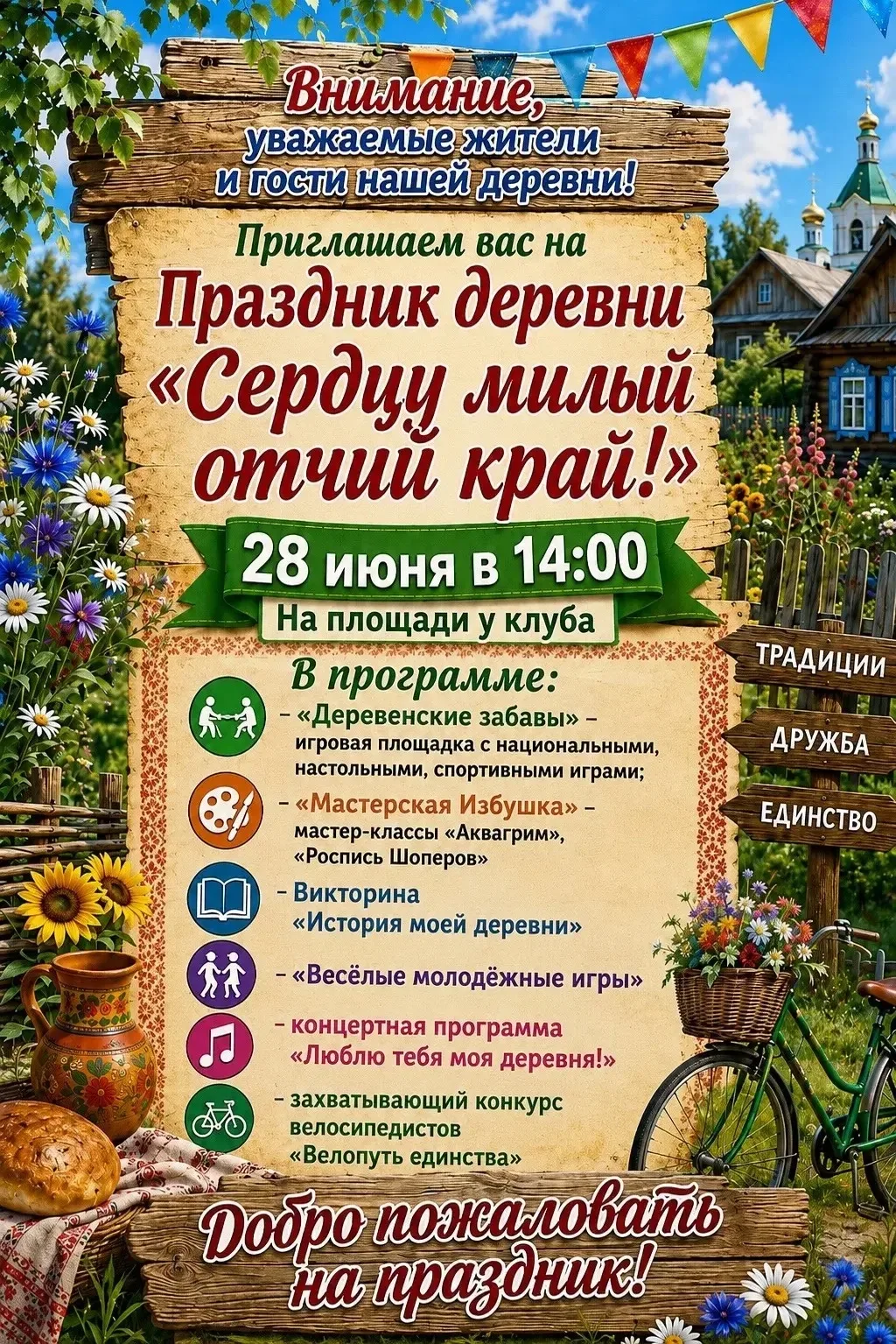 Дорогие друзья!
Приглашаем вас на праздник — День деревни Дулесово!🎉
 
Присоединяйтесь к нам, чтобы